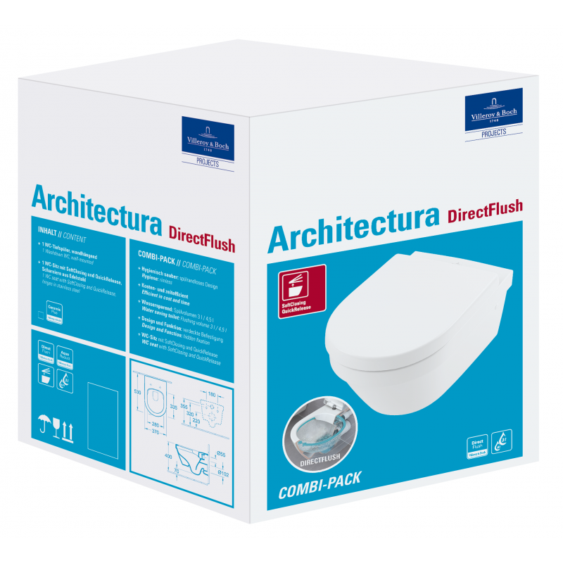 Унитаз подвесной Villeroy & Boch ARCHITECTURA 4694 в комбинированной упаковке с сиденьем QuickRelease и SoftClosing 98M9 C1 01