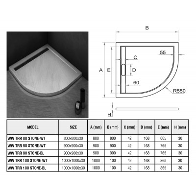 Душевой поддон 90х90х30 см, Welt Wasser, WW TRR 90 STONE-WT