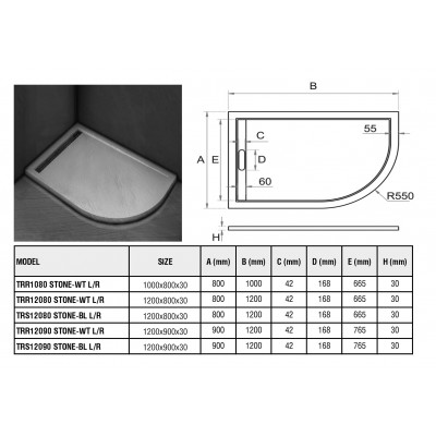 Душевой поддон 100х80х30 см, Welt Wasser, WW TRR 10080 STONE-WT L