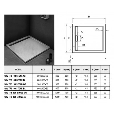Душевой поддон 80х80х30 см, Welt Wasser, WW TRS 80 STONE-BL