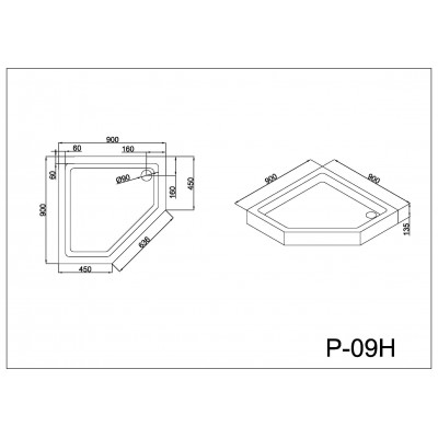 Душевой поддон 90х90х13.5 см, Black & White, P-09H