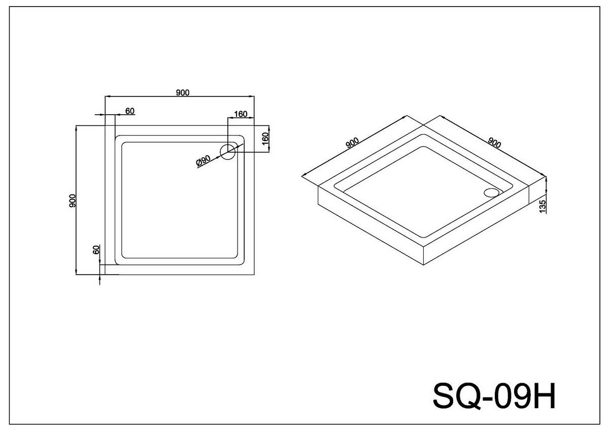 Душевой поддон 90х90х13.5 см, Black & White, SQ-09H