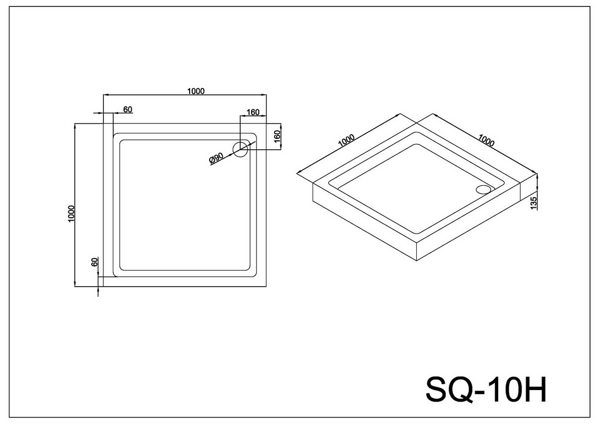 Душевой поддон 100х100х13.5 см, Black & White, SQ-10H