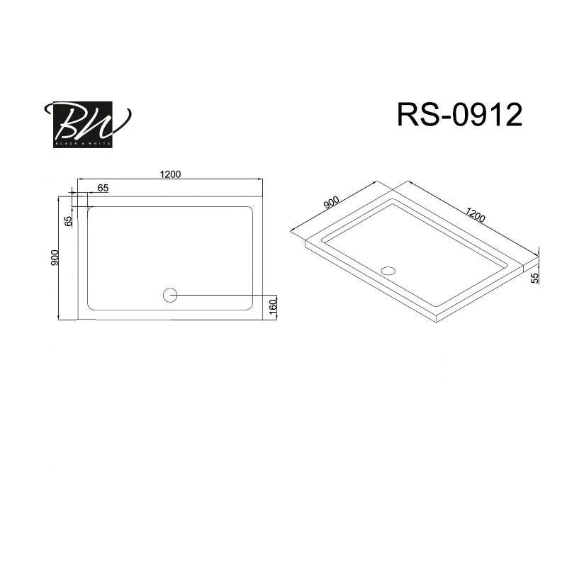 Душевой поддон 120х90х5.5 см, Black & White, RS-0912