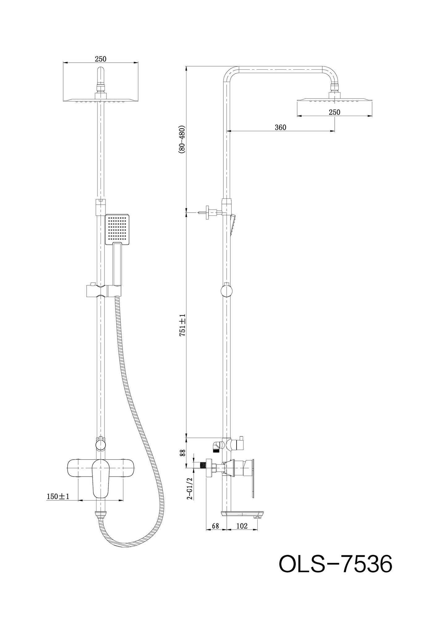 Душевая стойка 36x15x130см хром, ORANS, OLS-7536