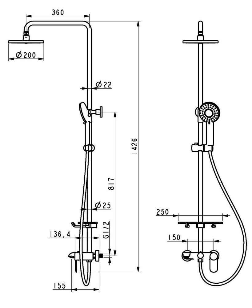 Душевая стойка 36x15.5x143см хром, ORANS, OLS-7551