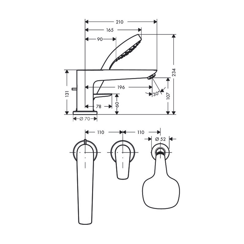 Смеситель на край ванны Hansgrohe Talis E, на 3 отверстия, хром 71731000