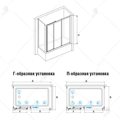 Шторка для ванной с боковой панелью матовое стекло (шиншила) 150х75х150 см, RGW, SC-81Шторки на ванну