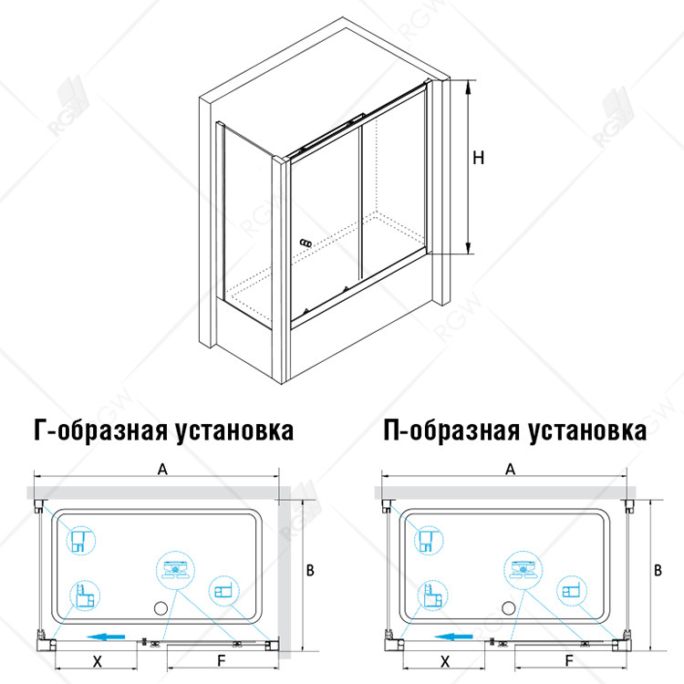 Шторка для ванной с боковой панелью 80х170х150 см, RGW, SC-82Шторки на ванну