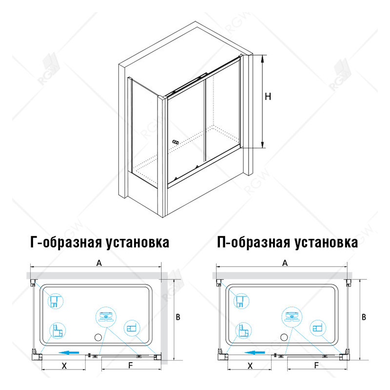 Шторка для ванной с боковой панелью матовое стекло (шиншила) 80х160х150 см, RGW, SC-82Шторки на ванну