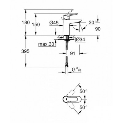Смеситель однорычажный для раковины GROHE BauEdge, DN 15 S-SIZE, хром 