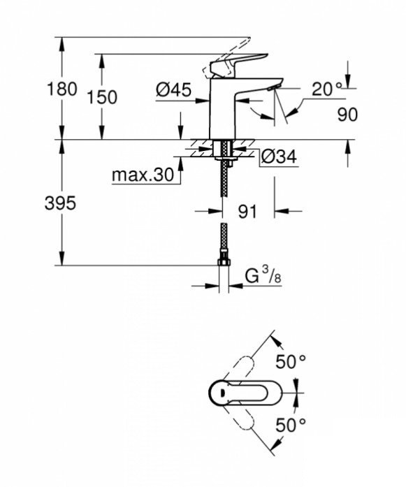 Смеситель однорычажный для раковины GROHE BauEdge, DN 15 S-SIZE, хром 