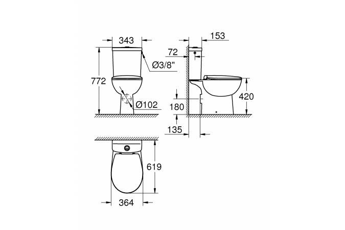 Унитаз-компакт GROHE Bau Ceramic с бачком и сиденьем, альпин-белый, горизонтальный выпуск, 39496000