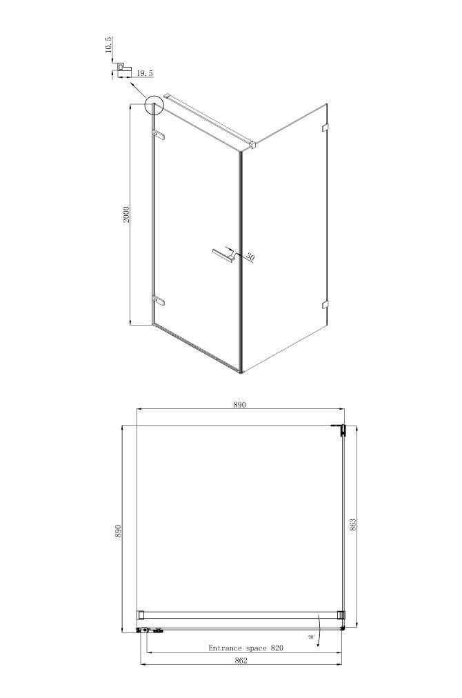 Душевой уголок левый 90x90х200см Abner Ambassador 10011101L