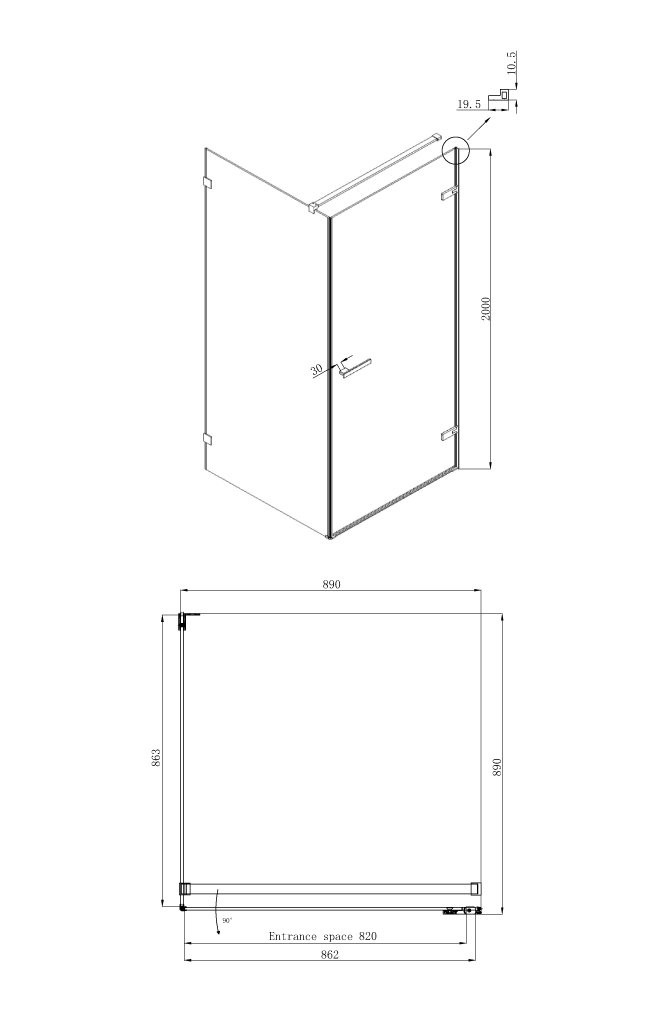 Душевой уголок правый 90x90х200см Abner Ambassador 10011101R