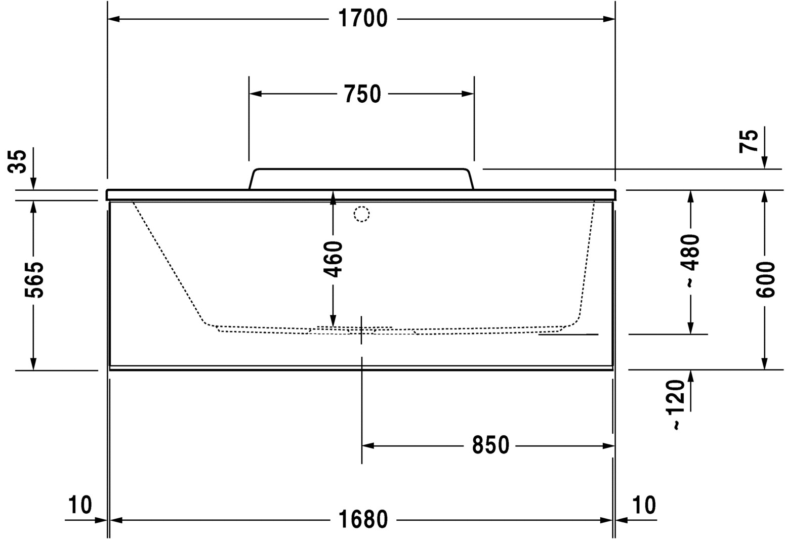 Ванна 170x70 Duravit Durastyle прямоугольная, встраиваемая версия или версия с панелями, с наклоном для спины слева, акрил