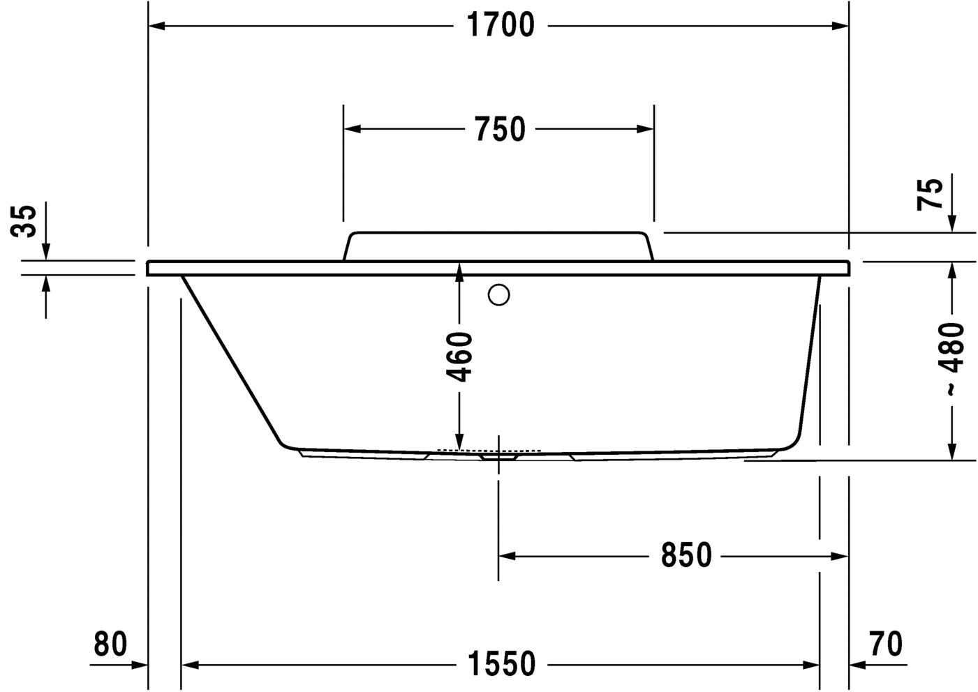 Ванна 170x70 Duravit Durastyle прямоугольная, встраиваемая версия или версия с панелями, с наклоном для спины слева, акрил