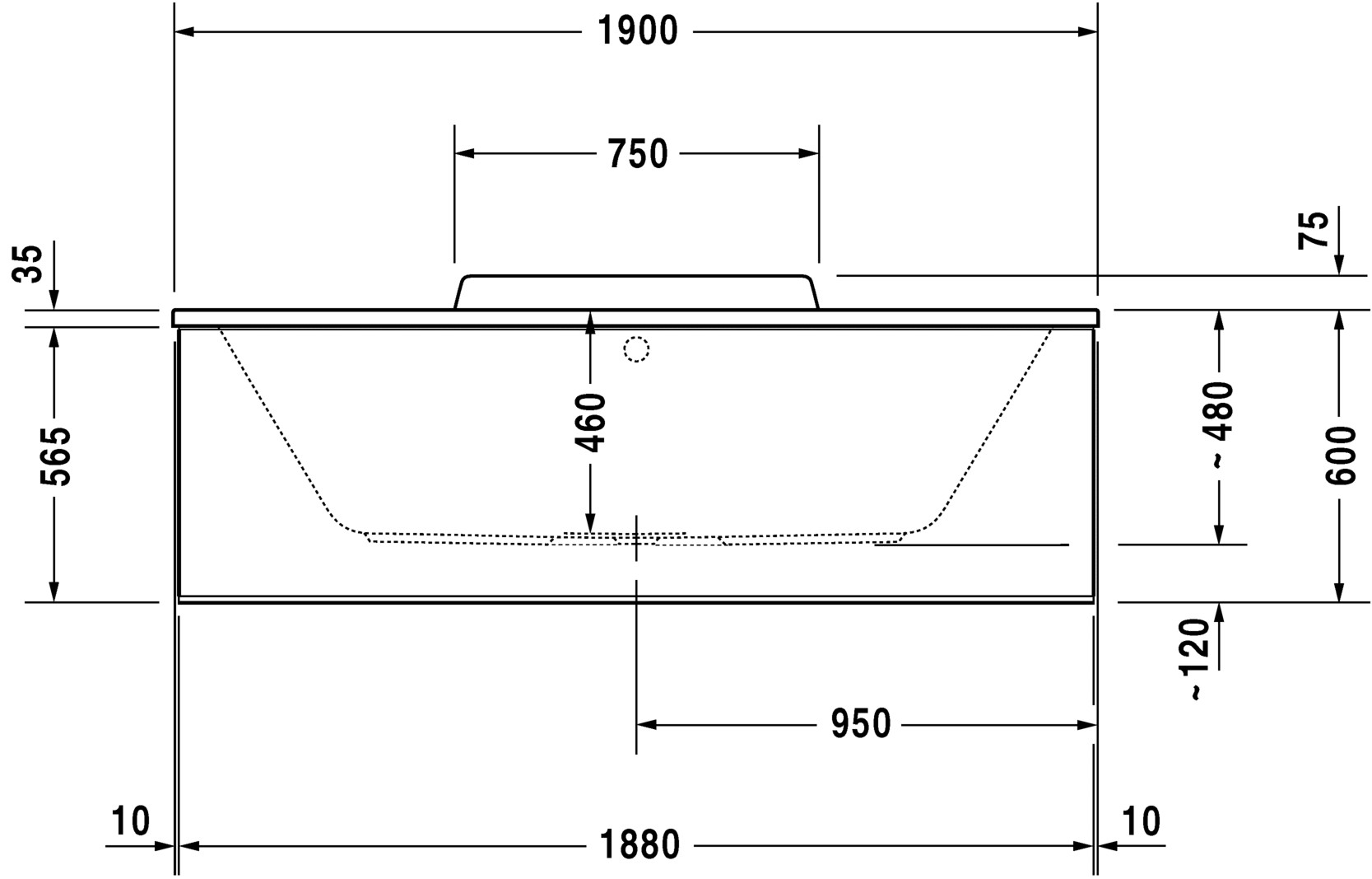 Ванна 190x90 Duravit Durastyle прямоугольная, встраиваемая версия или версия с панелями, с двумя наклонами для спины, акрил