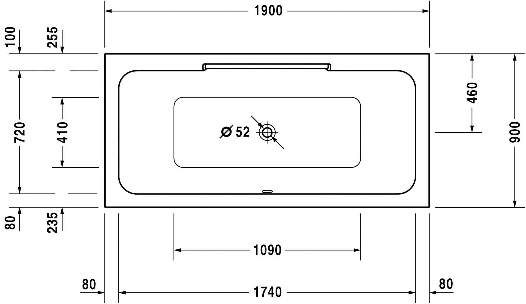 Ванна 190x90 Duravit Durastyle прямоугольная, встраиваемая версия или версия с панелями, с двумя наклонами для спины, акрил