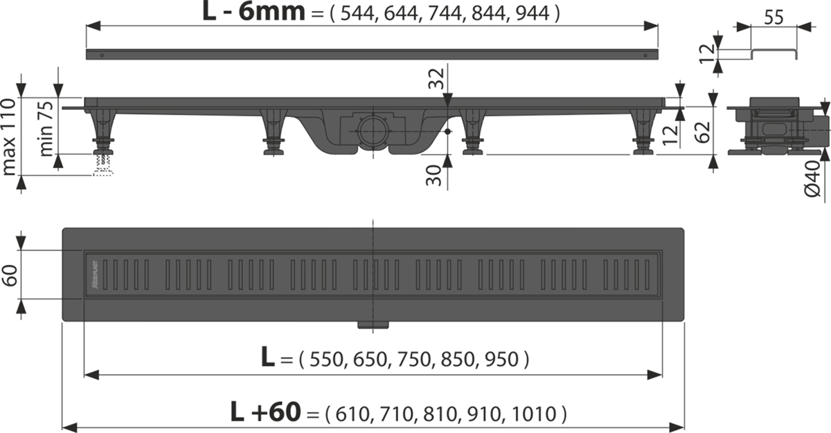 Водоотводящий желоб Alca Plast APZ10BLACK SIMPLE с порогами для перфорированной решетки черный-мат